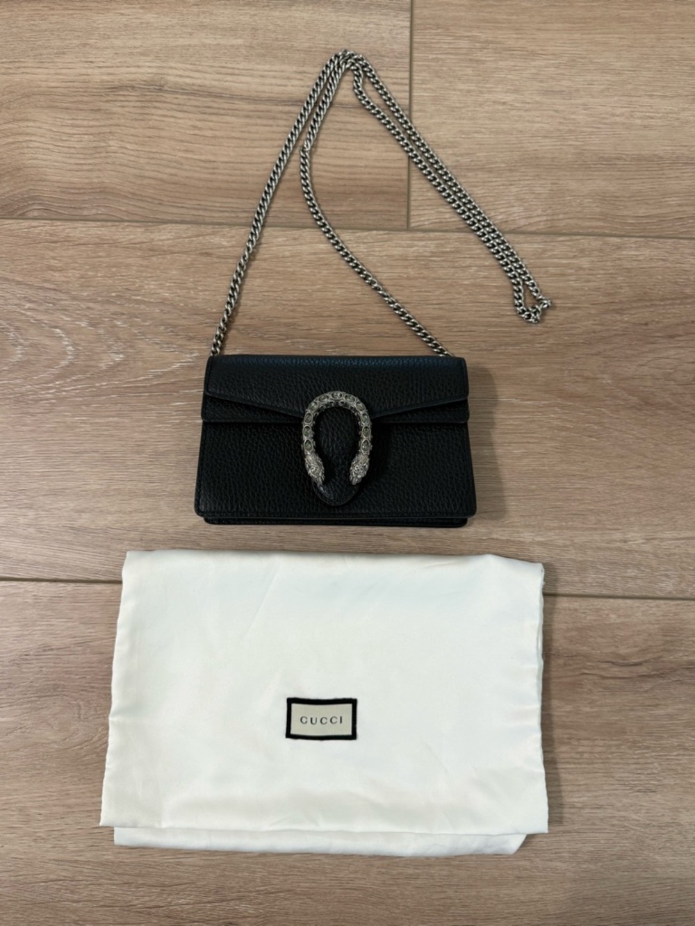 Gucci Black Leather Mini Crossbody with Silver-Tone Snake Detail